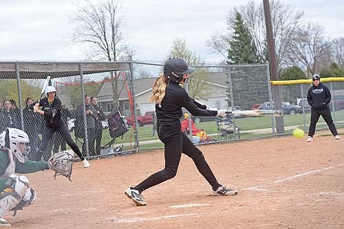 In this April 20, 2024 file photo, Ali Timmerman puts the ball in play against Freedom at Sunset Point Park in Kimberly. Timmerman finished the conference season with a .268 batting average and made honorable mention all-conference. (Photo by Brett LaBore/Lakeland Times)