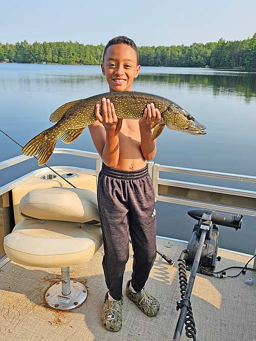 Tegan Gannon caught a beautiful 33" Northern Pike (left) on a 1/2 oz. Silver Tinsel Tail spinner bait on Tom Doyle Lake in McNaughton on July 26. He also brought in a nice 17" Smallmouth Bass (below) on a 1/2 oz. chartreuse and white Chatterbait. (Submitted photos)