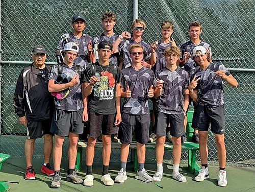 The Lakeland boys’ tennis team poses for a photo following their second-place finish at the GNC Tournament Friday, May 17 at the Rhinelander High School tennis courts. Team pictured, back row from left, are Dominic Gironella, Yaroslav Myshchyshyn, Jack Stepec, Sawyer Brown, Tyler Wallace; front row, coach Ted Dasler, Carson Tegland, Angus Callender, Gage Bowe, Mika Rempp and August Callender. (Contributed photograph)