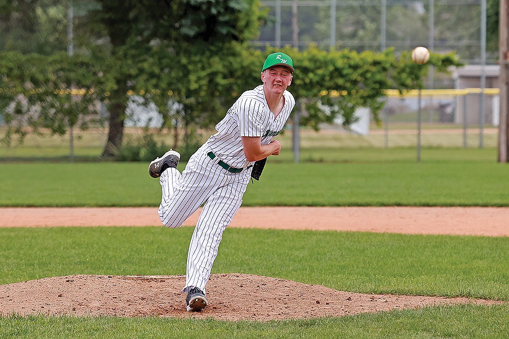 In this July 7, 2024 file photo, Rhinelander’s Ryan Jamison pitches during a Dairyland League baseball game against Merrill at Stafford Field. Jamison is scheduled to start on the hill for one of Rhinelander’s WBA regional tournament games in River Falls this weekend. The 18th-seeded River Monsters are in a three-team pool with fourth-seeded Tilden and 12th-seeded Spring Valley. The winner will return to River Falls Aug. 16-18 for the WBA state tournament. (Bob Mainhardt for the River News)