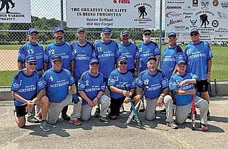 The Wisconsin Northerners competed in the Milwaukee Classic Support The Troops Senior Softball tournament at the Wirth Park Complex in Brookfield on July 25-26. This was a fundraiser for the Wounded Warrior Project. Pictured front row, from left, are Pat Cavanagh from Calamus, Iowa, Charlie Milliren from Owen, Larry Lipcamon from Coralville, Iowa, Rollie Johnson from Waupaca, Mike Ruzic from Lake Tomahawk, Greg Olson from Eagle River; back row, Ken Sullivan from Mizpah, Minn. (formerly from Eagle River), Dennis Pelot from Wisconsin Rapids, Tod Niemuth from Rhinelander, Jeff Bobst from Waverly, Iowa, player/coach-manager Steve Favorite from Eagle River, Mark Peter from Rhinelander, Scott Mitchler from Kaukauna and Rick Roloff from Waukesha. Team members not pictured are John Ebann from Three Lakes, John Stamp from Marcellus, Mich., Craig Mittelstaedt from Oshkosh, Scott Naylor from Oconomowoc, Scott Sorenson from Oshkosh, Rich Stanton from Des Moines, Iowa and Duane Meth from Mt. Pleasant, Iowa. (Contributed photograph)