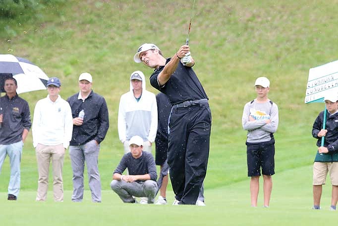 In this July 26, 2018 file photo, Harrison Ott hits his approach shot into the 18th hole during the final round of the Wisconsin State Amateur at Minocqua Country Club. The Wisconsin State Open will be held at Minocqua Country Club. Ott will likely be one of the favorites, with two wins and a runner-up finish in the tournament over the last four years. (Photo by Jeremy Mayo/River News)