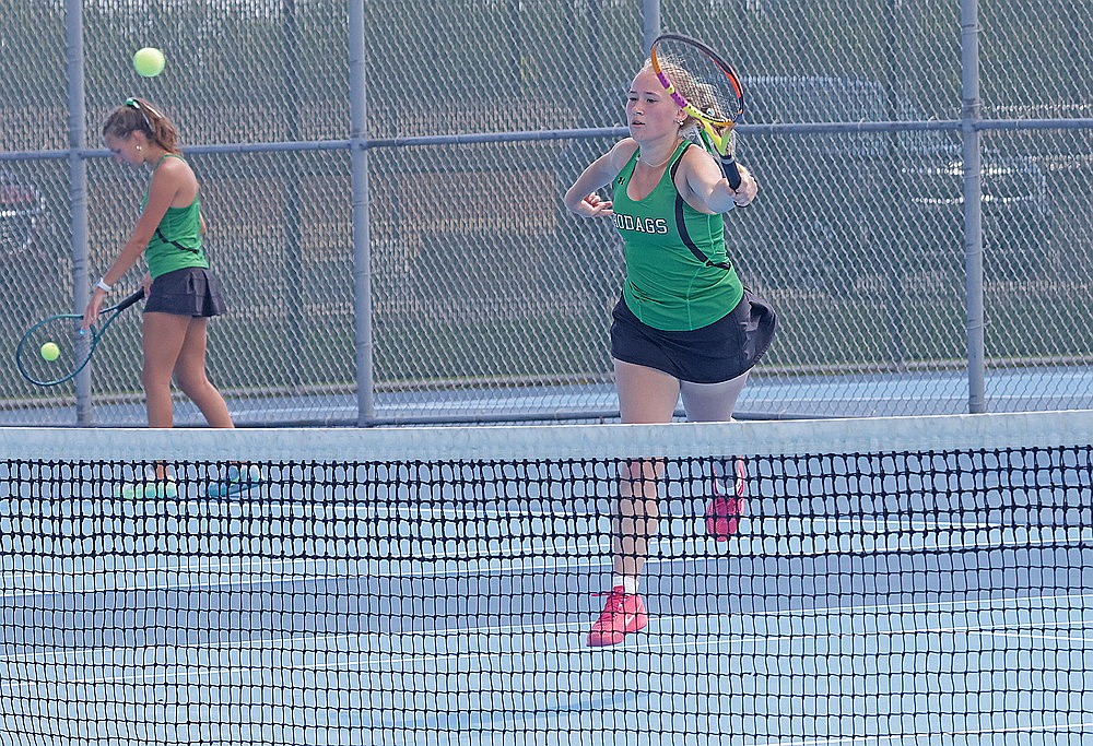 Rhinelander’s Evelyn Sawyer plays a point at the net during a doubles match against De Pere at Bay Port High School in Suamico Tuesday, Aug. 20. The Hodags went 1-5 in the Bay Port Invite. Sawyer, individually went 3-3 at No. 2 doubles with teammate Maya Patrick. (Jeremy Mayo/River News)