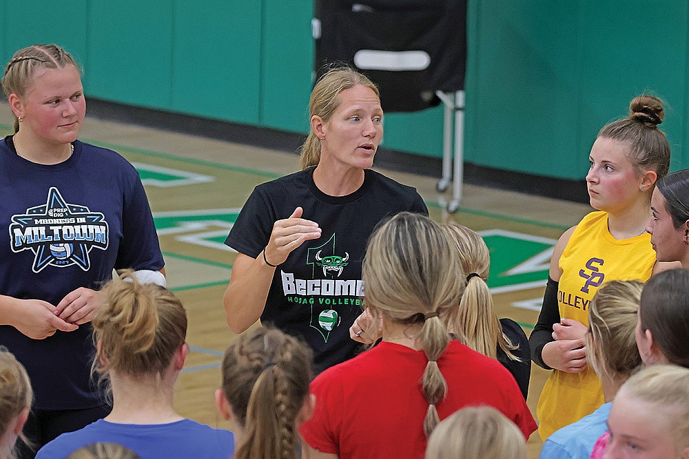 Jayme Wyss instructs players during Rhinelander High School volleyball practice at the Jim Miazga Community Gymnasium Monday, Aug. 19. Monday was the first official day of practice for Wyss as she takes over as head coach for the Hodags. (Jeremy Mayo/River News)