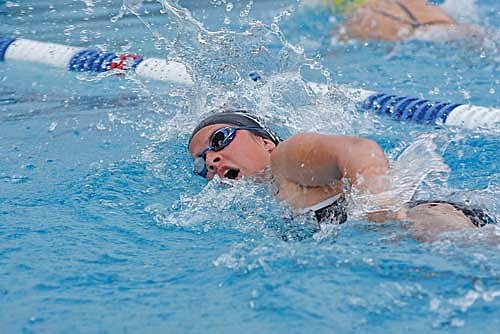 Avalon Collins takes a breath in the 200 freestyle relay during the Merrill Fun in the Sun Relay Meet Thursday, Aug. 22 at the Bierman Family Aquatic Center in Merrill. (Photo by Brett LaBore/Lakeland Times)