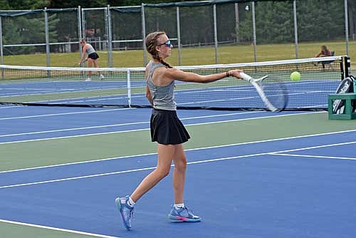 Sierra Wallace makes her varsity debut in her No. 3 singles match against Medford Thursday, Aug. 22 at the Lakeland Union High School tennis courts in Minocqua. Wallace won 6-0, 6-3. (Photo by Brett LaBore/Lakeland Times)