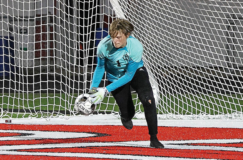 In this Sept. 21, 2023 file photo, Rhinelander goalkeeper Barak Rappley picks up a ball during a GNC boys’ soccer game at Medford. Rappley, who earned first team honors in the GNC at the position last year, is one of a handful of starters returning for the Hodags this fall. (Matt Frey/Star News)