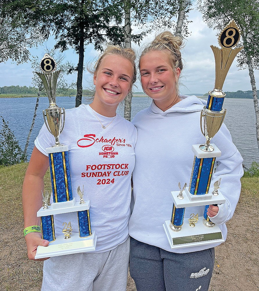 Ella Miljevich, left, and Sophie Miljevich, both of Rhinelander, celebrate their accomplishments following the 2024 Footstock National Figure 8 Barefoot Championships Aug. 17-18 in Crandon. (Submitted photo)