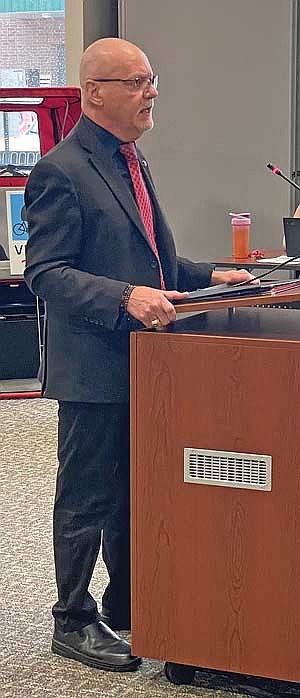 Vilas County circuit court judge Daniel Overbey addresses the Vilas County board at its meeting on Tuesday, Aug. 27. (Photo by Brian Jopek/Lakeland Times)