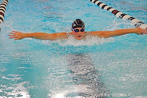 Haidyn Pfannerstill swims the 100 butterfly in the Great Northern Conference opener against Tomahawk Thursday, Sept. 5 at the Lakeland Union High School pool in Minocqua. (Photo by Brett LaBore/Lakeland Times)