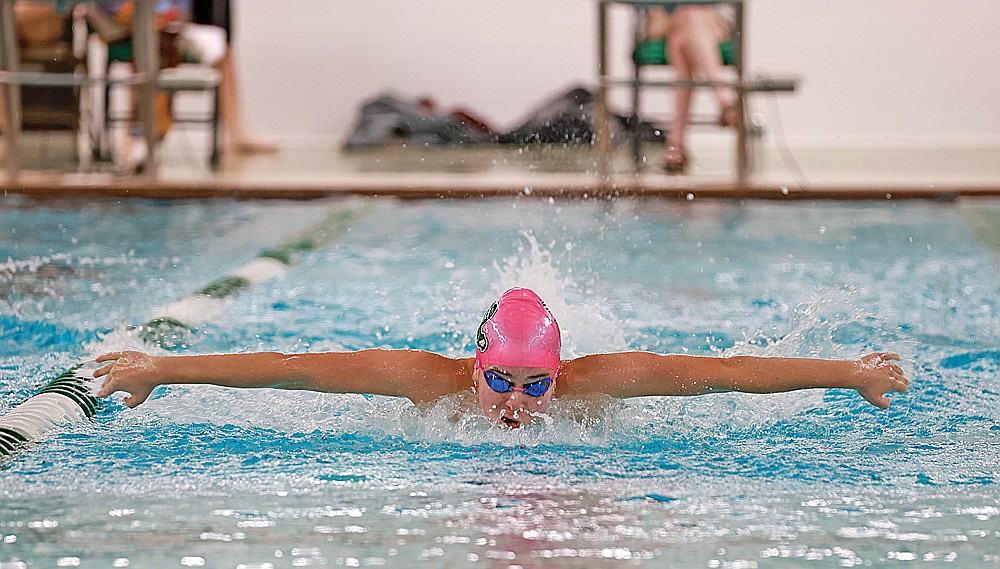 Rhinelander’s Ellyse Younker competes in the 100-yard butterfly during a GNC dual meet against Ladysmith at the Heck Family Community Pool Thursday, Sept. 12. Younker won that event as part of a 130-37 victory for the Hodags. She was also on meet record-setting squads in the 400 individual medley and 400 medley relays Saturday as Rhinelander won the Hodag Relays. (Bob Mainhardt for the River News)