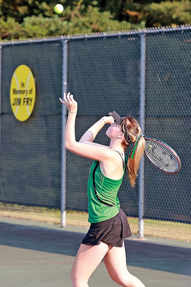 Rhinelander’s Maddie Legrey serves during a GNC girls’ tennis match against Phillips at the RHS tennis courts Thursday, Sept. 12. The Hodags defeated the Loggers 7-0 and won five of their final six matches to close out last week. (Bob Mainhardt for the River News)