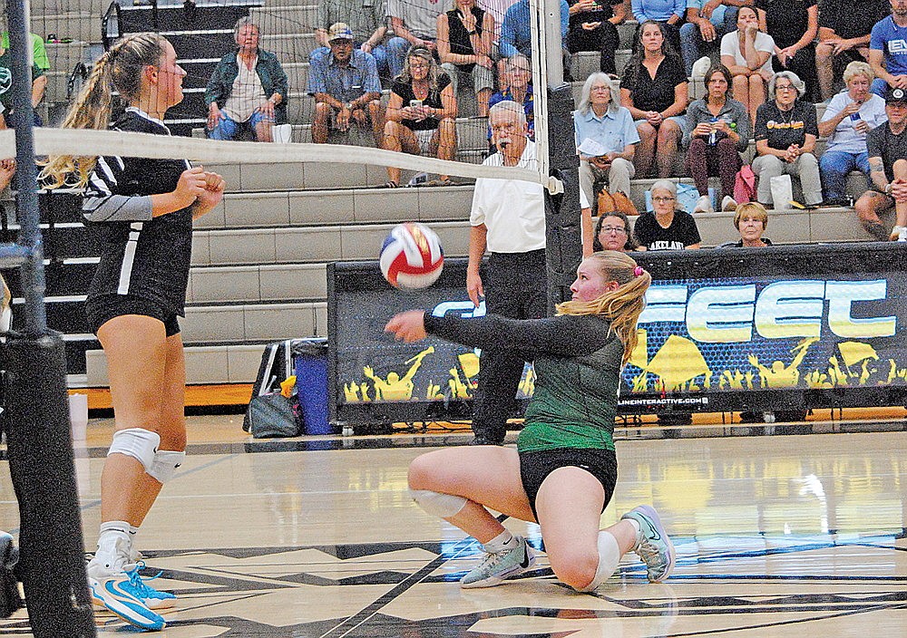 Rhinelander’s Lucy Lindner attempts to keep the ball in play near the net during the second set of a GNC volleyball match against Lakeland in Minocqua Tuesday, Sept. 17. The Hodags fell to the T-Birds in straight sets, 25-20, 25-19, 25-18. (Brett LaBore/Lakeland Times)