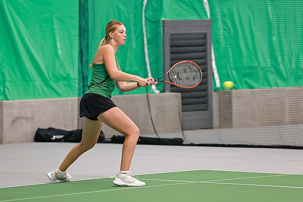 Rhinelander’s Maddie Legrey hits a return during a GNC girls’ tennis match against Marshfield Columbus in the Hodag Dome Thursday, Sept. 19. Legrey won her match at No. 3 singles in straight sets, part of a singles sweep in the Hodags’ 3-0 victory over the Dons. (Bob Mainhardt for the River News)