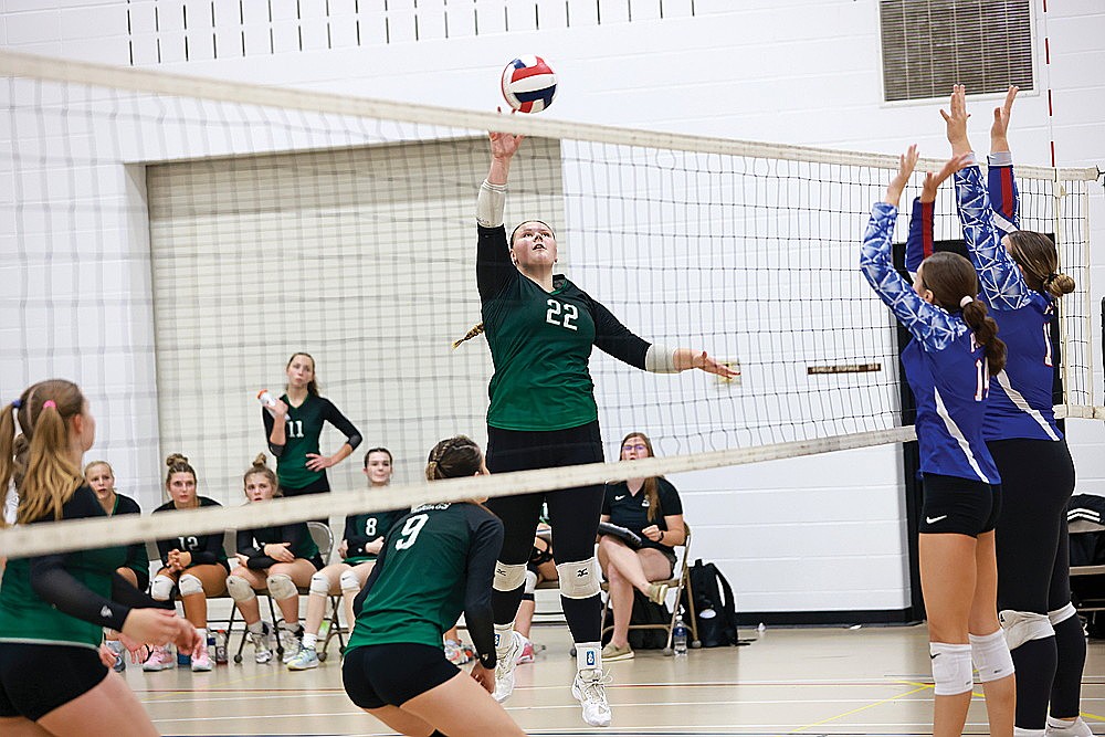 Rhinelander’s Libbey Buchmann goes up for an attack during a GNC volleyball match against Northland Pines during the GNC tournament in Minocqua Saturday, Sept. 21. Buchmann recorded 17 kills against the Eagles as the Hodags won in the match in four sets. (Bob Mainhardt for the River News)