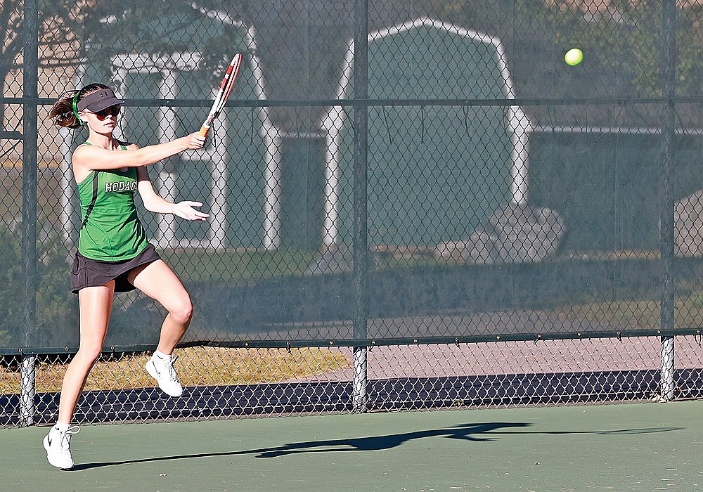 Rhinelander’s Brooke Sisel hits a return during a GNC girls’ tennis dual meet against Medford at the RHS tennis courts Monday, Sept. 23. Sisel and No. 1 doubles partner Dawsyn Barkus won in a match tiebreaker, but the Hodags fell to the Raiders, 5-2. (Bob Mainhardt for the River News)