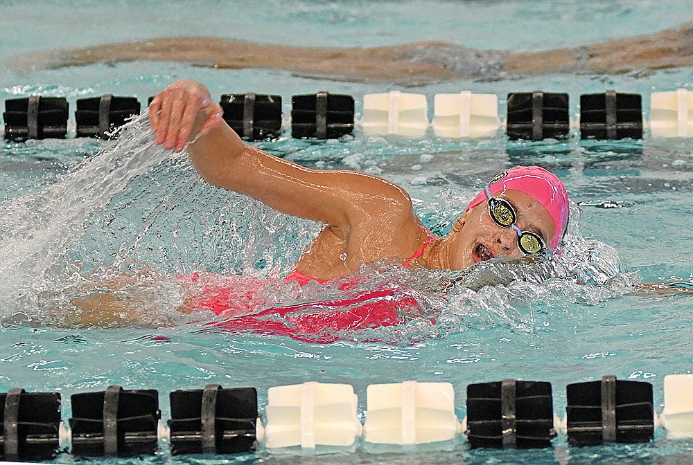 Rhinelander’s Celia Francis competes in the 200-yard freestyle during a GNC girls’ swimming dual meet against Lakeland in Minocqua Thursday, Sept. 26. (Brett LaBore/Lakeland Times)