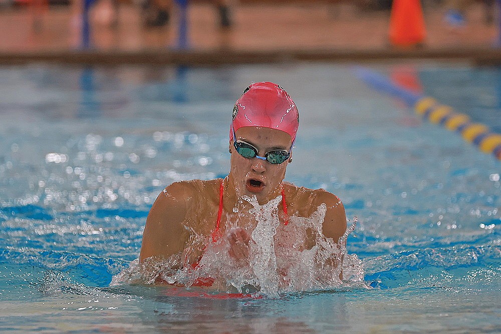 Rhinelander’s Celia Francis swims the breaststroke leg of the 200-yard individual medley during a GNC girls’ swimming dual meet at Tomahawk Thursday, Oct. 3. Francis won three events Thursday in the Hodags’ 135-31 win. (Bob Mainhardt for the River News)