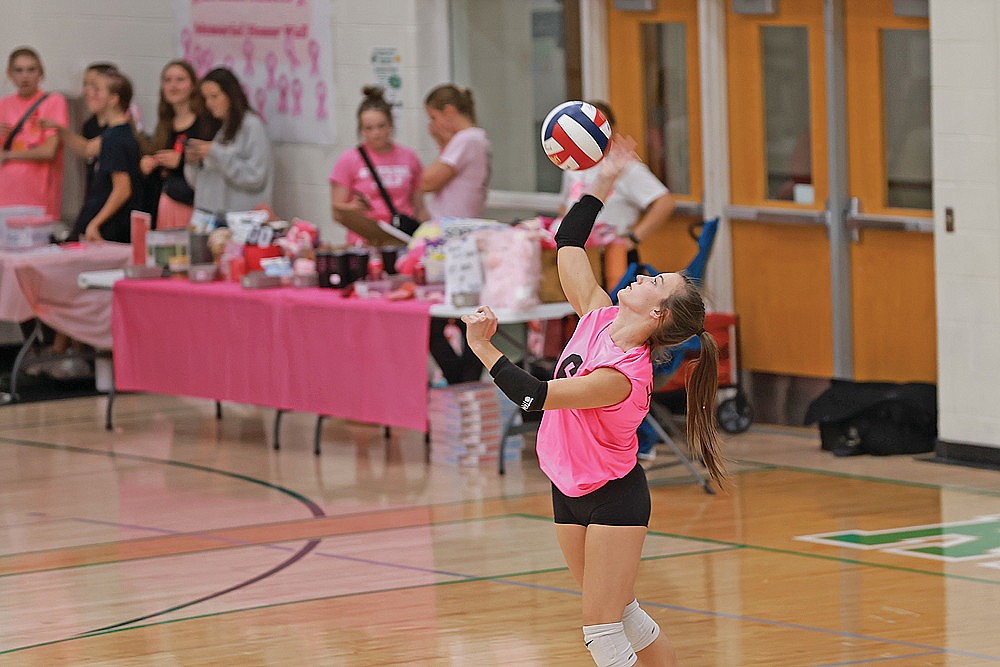 Rhinelander’s Kayla Skubal serves during the first set of a GNC volleyball match against Medford at the Jim Miazga Community Gymnasium Thursday, Oct. 3. The Hodags work pink jerseys and put on several fundraisers for its Playing for a Cure night for breast cancer awareness. (Bob Mainhardt for the River News)