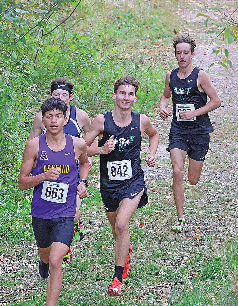 Rhinelander’s Greyson Gremban (842) and Avrom Barr chase Ashland’s Tristan Blancarte during the Medford Invite cross country race in Medford Thursday, Oct. 3. Gremban and Barr finished second and third overall as the Hodag boys won the five-team meet by 24 points over the Oredockers. (Matt Frey/Star News)