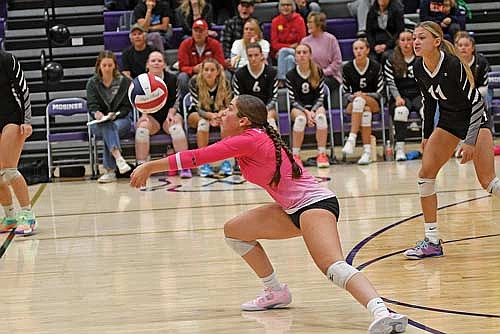 Greta Johnson comes up with a dig in the first set against Mosinee Tuesday, Oct. 8 at Mosinee High School. Johnson led Lakeland with 16 digs. (Photo by Brett LaBore/Lakeland Times)
