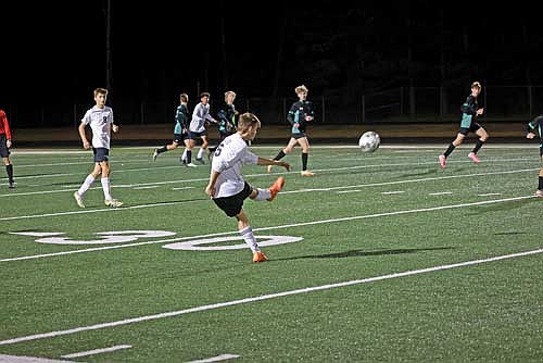 Sawyer Brown kicks the ball in the first half against Rhinelander Tuesday, Oct. 8 at Mike Webster Stadium in Rhinelander. (Photo by Bob Mainhardt for the River News)