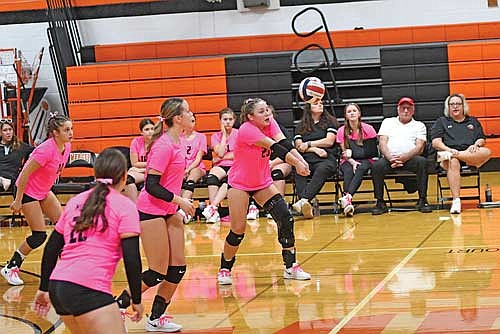 Jenny Klopatek digs the ball in a 3-1 victory over Mellen Thursday, Oct. 10 at John “JP” Pierpont Court in Mercer. (Photo by Brett LaBore/Lakeland Times)