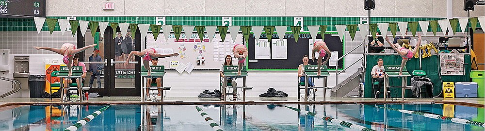 From left to right, Rhinelander’s Jordyn Kecker, Millie Gruett, Emma Houg, Kiley Pooch and Kyree McMahon leave the starting blocks to being the 200-yard individual medley during a GNC girls’ swim meet against Mosinee at the Heck Family Community Pool Thursday, Oct. 10. (Bob Mainhardt for the River News)