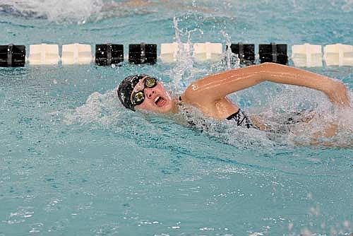 Rachel McMahon swims the 50 freestyle against Merrill Tuesday, Oct. 15 at the Lakeland Union High School pool in Minocqua. It was a new personal best for McMahon, swimming a 30.02. (Photo by Brett LaBore/Lakeland Times)