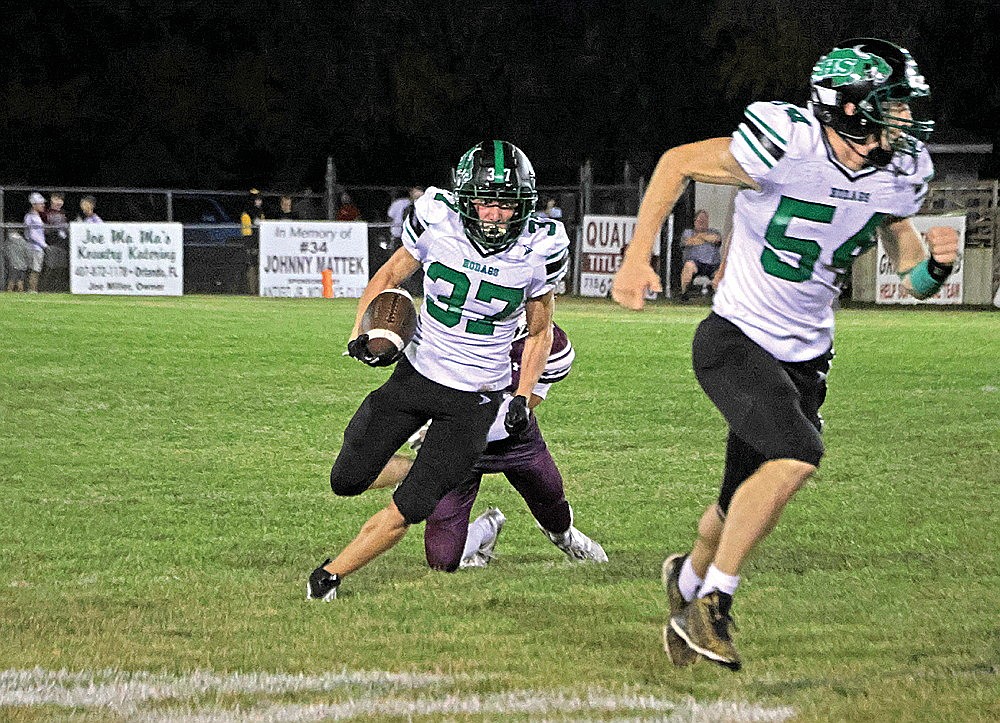 In this Sept. 28, 2024 file photo, Rhinelander’s Cyrus Leisure carries the football during a GNC football game at Antigo. Leisure, the Hodags’ leading rusher this season, is on track to play tonight against Merrill after sitting out last week’s loss at Medford with a knee injury. (Laura Wurtinger for the River News)