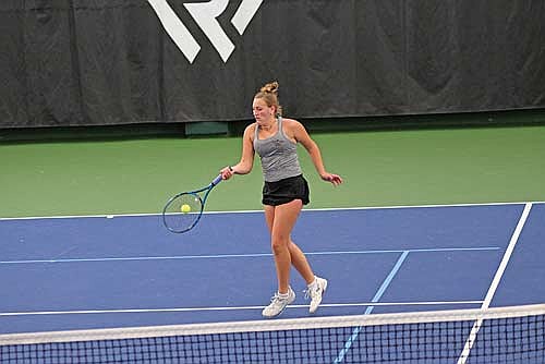 Sarah Barton hits a winner in her first-round victory over Pacelli’s Morgan Matowitz at the WIAA Division 2 individual singles state tournament Thursday, Oct. 17 at Nielsen Tennis Stadium in Madison. (Photo by Brett LaBore/Lakeland Times)