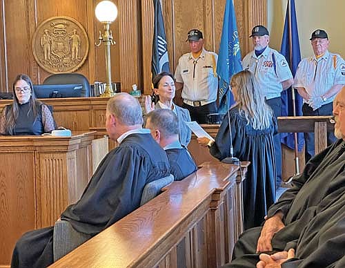 Oneida County Circuit Judge Mary M. Sowinski takes the oath of office Friday afternoon, Oct. 18, 2024, as administered by the Honorable Ann Knox-Bauer, chief judge of the ninth judicial district. Sowinski was elected to the bench in April, succeeding Judge Michael Bloom who chose not to run for re-election. (Photo by Heather Schaefer/River News)