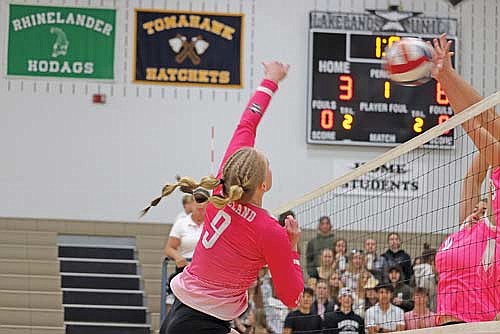 Cale Quade attacks the ball in the first set against Stratford Thursday, Oct. 17 at the Lakeland Union High School fieldhouse in Minocqua. (Photo by Kate Reichl/Lakeland Times)