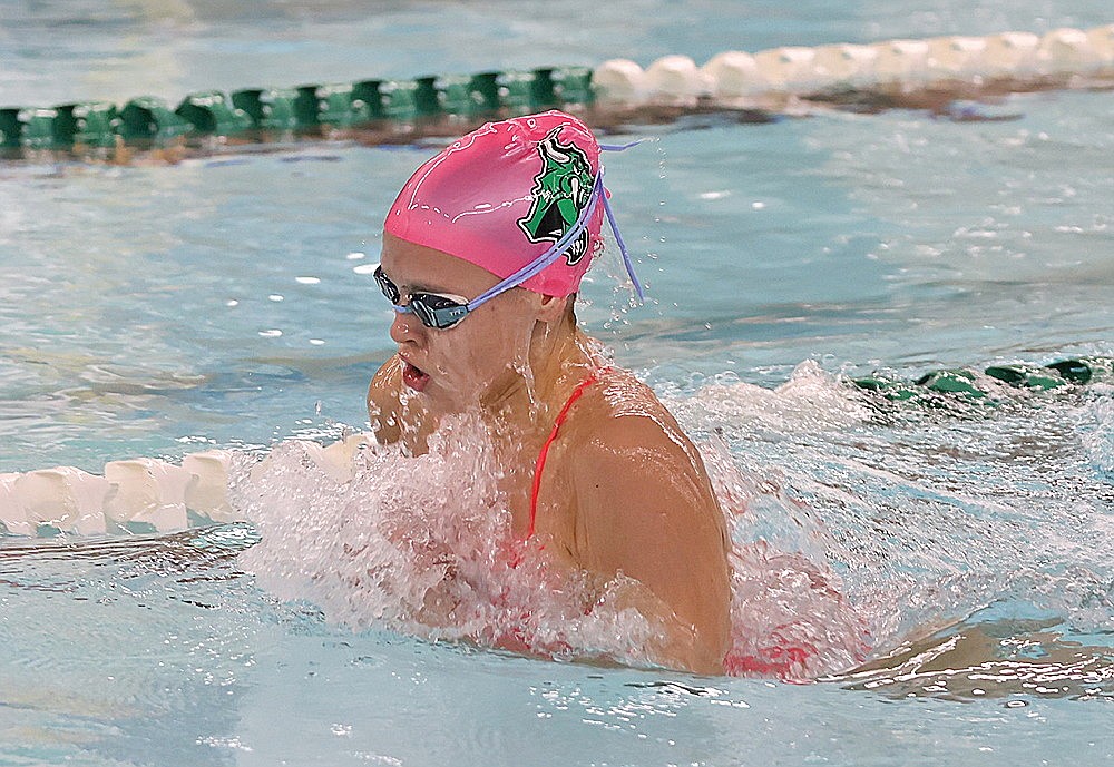 Rhinelander’s Celia Francis swims breaststroke leg of the 200-yard individual medley during a GNC girls’ swimming dual meet against Colby/Abbotsford at the Heck Family Community Pool Thursday, Oct. 17. Francis won the event Thursday, and did so again Saturday at the Small School State Invite in Shorewood as the Hodags placed third in a primer for next month’s WIAA state meet. (Bob Mainhardt for the River News)