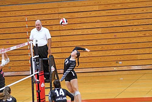 Marlee Strasburg rises for a kill in the first set against Seymour in a WIAA Division 2 regional quarterfinal game Tuesday, Oct. 22 at the Thunderdome in Seymour. (Photo by Brett LaBore/Lakeland Times)