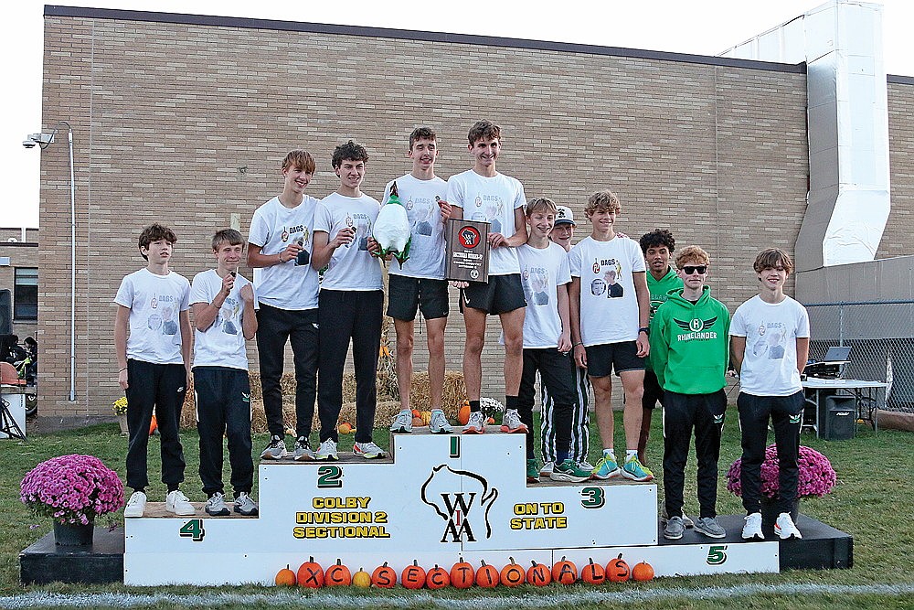 The Rhinelander High School boys’ cross country team stands on the podium after finishing second in a WIAA Division 2 sectional in Colby Friday, Oct. 25. Pictured, from left to right, are Chasin Wallmow, Michael Brunette, Jackson Weinzatl, Brody Kowieski, Avrom Barr, Greyson Gremban, Grant Gremban, Hank Kowieski, Ayden Myers, Gus Porter, Jonathan Campbell and Wyatt Crowell. The sectional runner-up finish qualified the Hodags for the WIAA state meet as a team for the second time in four years. (Bob Mainhardt for the River News)