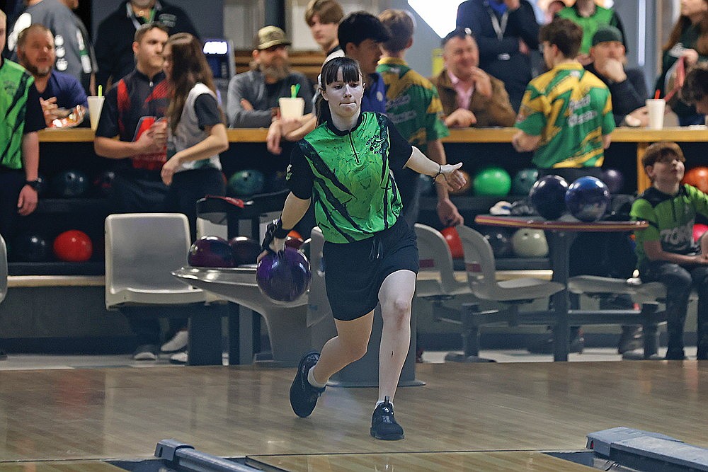 In this Feb. 26, 2024 file photo, Rhinelander’s Johanna Dellenbach competes in the WiHSBC District 9 singles tournament at Hodag Lanes in Rhinelander. Dellenbach, a senior, was the fifth-rated bowler in the D9 girls’ standings last season. (Bob Mainhardt for the River News)