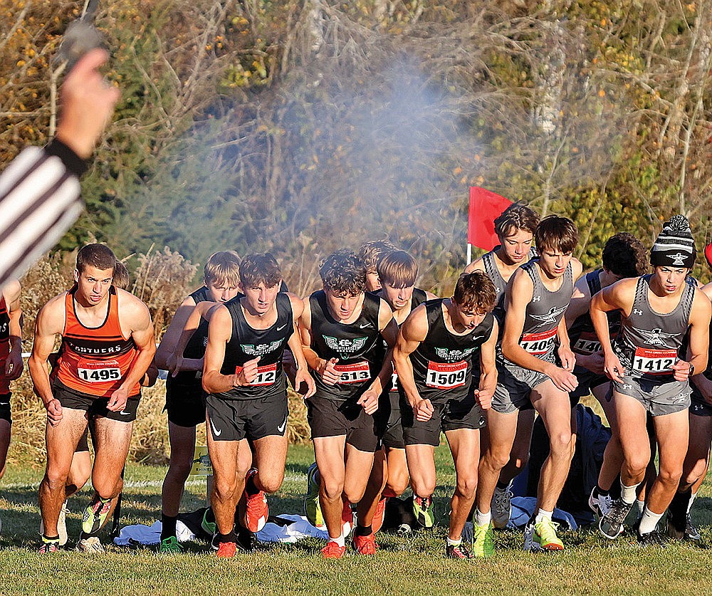 The Rhinelander High School boys’ cross country team leaves the starting line of a WIAA Division 2 sectional meet in Colby Friday, Oct. 25. The Hodags will take part in the WIAA D2 state meet tomorrow in Wisconsin Rapids, the Hodags’ second team appearance at state in four years. (Bob Mainhardt for the River News)