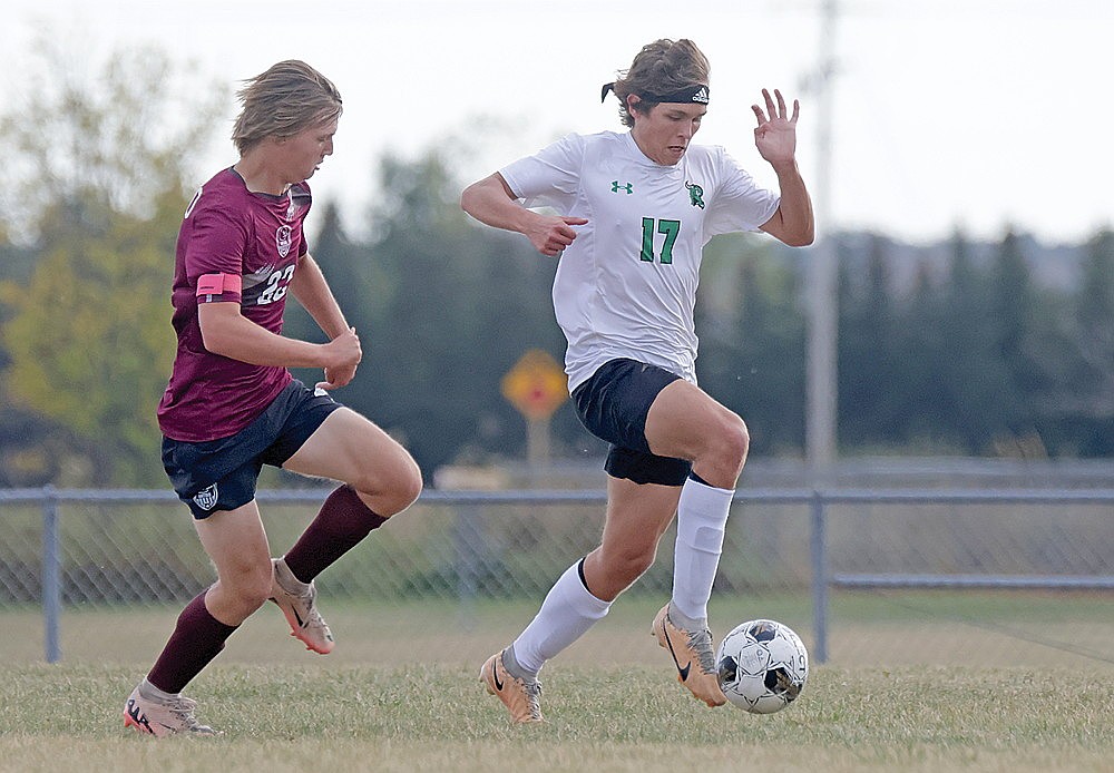 In this Oct. 3, 2024 file photo, Rhinelander’s Karter Massey takes the ball away from Antigo’s Trenton Walbeck during a GNC boys’ soccer game in Antigo. Massey was voted the co-defensive player of the year in the GNC, the conference announced Monday. (Jeremy Mayo/River News)