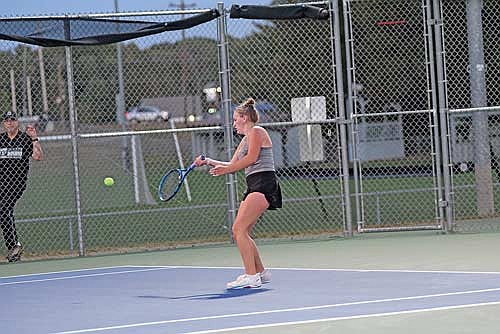 In this Sept. 26, 2024 file photo, Sarah Barton hits a groundstroke in her No. 1 singles final against Pacelli’s Natalie Cooper during the GNC Meet at the Lakeland Union High School tennis courts in Minocqua. Barton was named Singles Player of the Year following her title at No. 1 singles. (Photo by Brett LaBore/Lakeland Times)