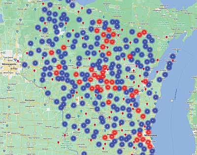 A map of Wisconsin showing where ticks have been collected and sent to Marshfield Clinic Research Institute for identification. (Contributed image)