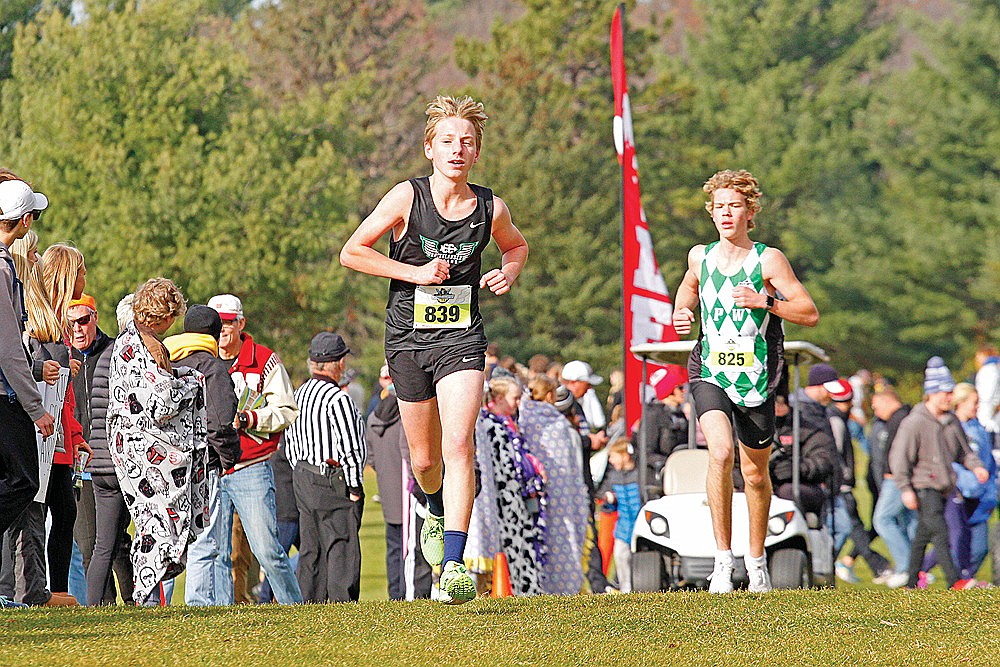 Rhinelander’s Greyson Gremban runs in the pack near the two-mile mark of the WIAA Division 2 boys’ state cross country meet in Wisconsin Rapids Saturday, Nov. 2. (Jeremy Mayo/River News)