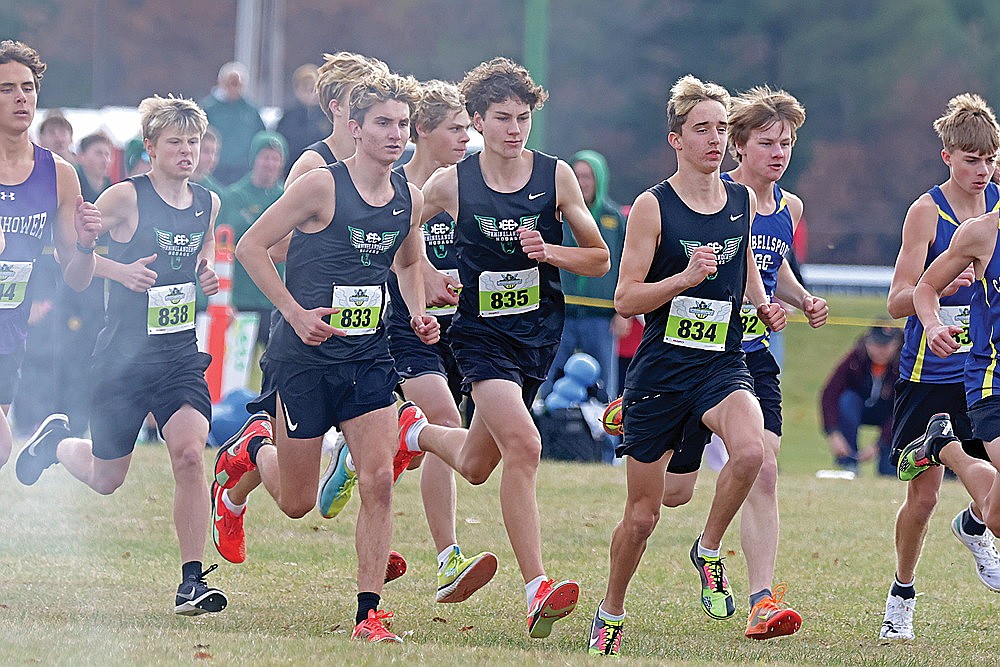 The Rhinelander High School cross country team, led by Greyson Gremban, Brody Kowieski and Avrom Barr leave the starting line of the WIAA Division 2 boys’ state cross country meet in Wisconsin Rapids Saturday, Nov. 2.  (Jeremy Mayo/River News)