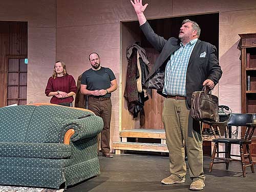 Actors, from the left, Zoey Davis as Mollie Ralston, Michael Strasburg as Giles Ralston and Angelo Guercio as Mr. Paravicini rehearse a scene in Agatha Christie’s “The Mousetrap.” The Nicolet Players will present “The Mousetrap”on Thursday, Nov. 14, through Sunday, Nov. 17, at Nicolet College in Rhinelander. (Contributed photograph)