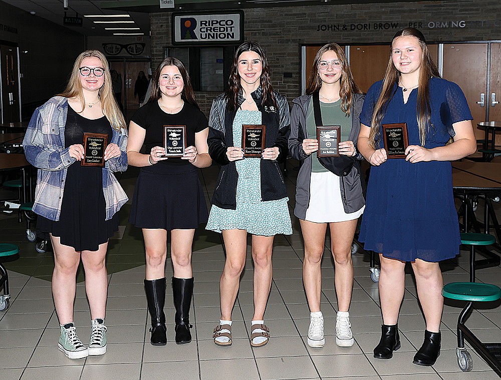 Rhinelander High School volleyball award winners pose for a photograph following the team’s banquet in the RHS commons Sunday, Nov. 10. Pictured, from left to right, are Lucy Lindner, Tori Stella, Macey Schmoeger, Ava Rathbun and Libbey Buchmann. Award winner Kelsi Beran was unavailable for the photograph. (Bob Mainhardt for the River News)