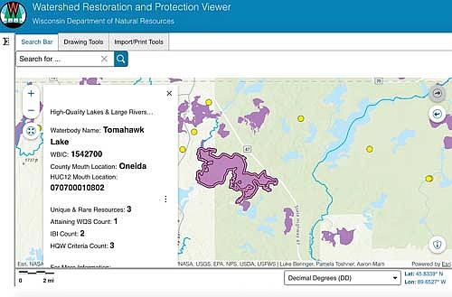 Visitors to the Watershed Restoration and Protection Viewer on the DNR website can find information about their favorite lake. The WEX viewer, also available through the Healthy Watersheds High Quality Lakes program also contains a wealth of information about each lake, including protection strategies for that high quality waterbody. Here, Lake Tomahawk is shown as a high quality waterbody. Source: Wisconsin Department of Natural Resources (Contributed image)