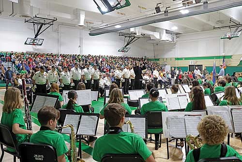 Rhinelander’s James Williams Middle School hosted its 54th annual Veterans Day program on Monday, Nov. 11. Eighth-grade students Keyan Karpf and Lola Beach emceed the event, which featured musical selections performed by the JWMS band and choir. (Photo by Jeremy Mayo/River News)
