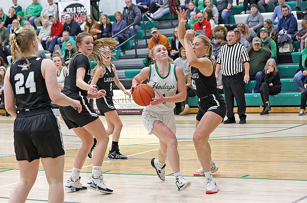 In this Feb. 9, 2024 file photo, Rhinelander’s Aubryn Clark drives to the basket against Lakeland’s Saylor Timmerman during a GNC girls’ basketball game at the Jim Miazga Community Gymnasium. Clark was Rhinelander’s leading scorer last year, averaging 20.1 points per game. (Bob Mainhardt for the River News)