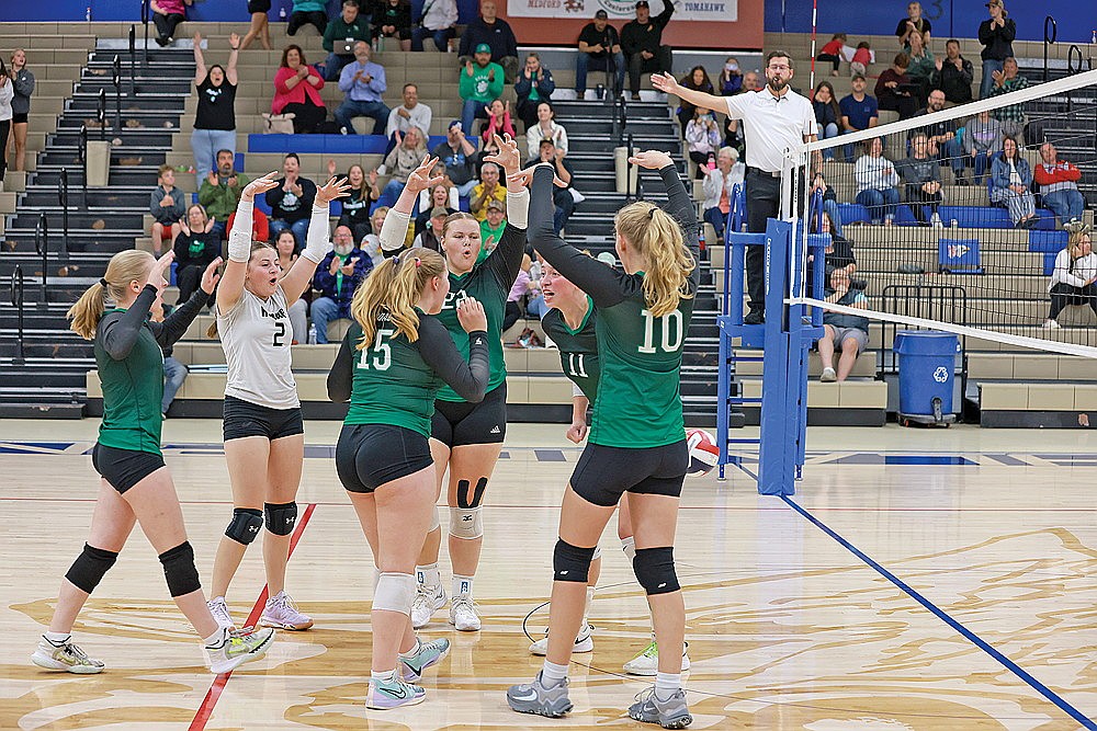 In this Oct. 1, 2024 file photo, the Rhinelander High School volleyball team reacts after Kelsi Beran records a kill late in the first set of a GNC volleyball match against Northland Pines High School in Eagle River. The Hodags defeated the Eagles in four sets, marking the first time since 2017 that Rhinelander has won multiple GNC matches in a season. (Bob Mainhardt for the River News)