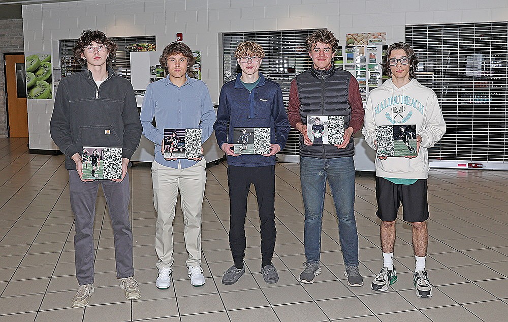 Rhinelander High School boys’ soccer team award winners pose for a photograph following the team’s banquet in the RHS commons Saturday, Nov. 16. Pictured, from left to right, are John Turek, Karter Massey, Hart Hokens, Landon Catlin and Asher Rivord. (Bob Mainhardt for the River News)